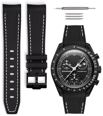 HORACE Bracelet de montre caoutchouc compatible avec Omega x Swatch MoonSwatch 20mm (Noir/Couture blanche - Noir)