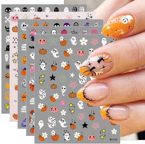 JMEOWIO 9 Sheets Halloween Nail Art Stickers Decals Self-Adhesive Cute Ghost Pumpkin Yellow Star Nail Supplies Nail Art Design Decoration Accessories