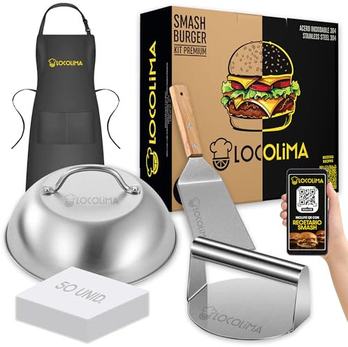 LOCOLIMA Smash Burger Kit Premium de 6 Piezas, Molde para Burger Gruesas y Rellenas, Prensa Hamburguesas Smasher Acero Inoxidable Certificado UE, Delantal Profesional, El Definitivo Kit Smash Burger
