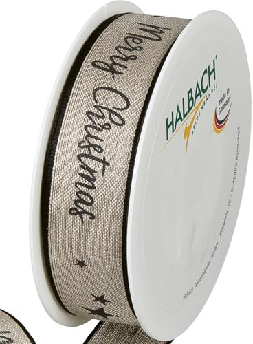 Halbach Weihnachts-Geschenkband aus Leinen, 25 mm x 15 m, natur/schwarz | Schleifenband Druckband mit formbare Drahtkanten, Made in Germany, für Geschenke und den Christbaum