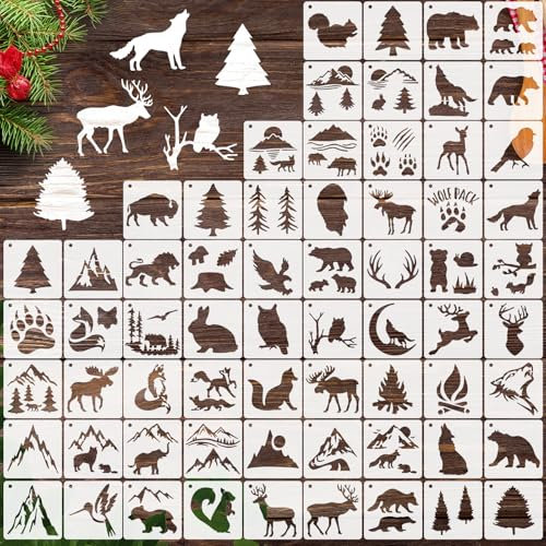 SRIZIAN 65 Pcs Schablonen für Kunsthandwerk Wiederverwendbar, Natürliche Tier MalereiSchablonen von Hirsch, Bär, Berg, für Rock Holz Zeichen Leinwand und Home Decor