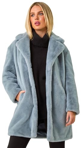 Roman Originals Women Faux Fur Coat - Ladies Jackets Teddy Bear Plush Casual Soft Fluffy Textured Oversized Warm Cosy Autumn Winter Flattering - Petite Light Blue - Size 18