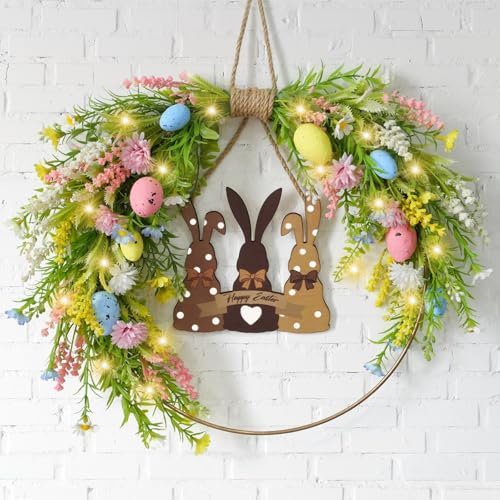 Whemyreat 35 cm Osterkranz mit Osterhasen aus Holz,Ostereierkranz Künstlicher,HaustüR,Osterei Kranz mit LED Licht,Ostern Dekokranz Wandkranz,FrüHlingskranz Ostergeschenke,Frühlingsdeko
