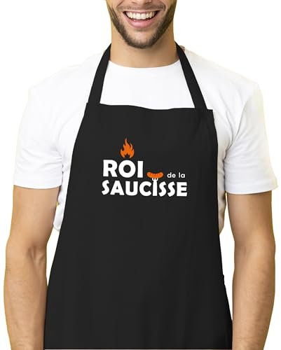 Kiribou Tablier de Cuisine Drôle « Roi de la Saucisse » - Cadeau Pour Les Maîtres du Barbecue - Noir