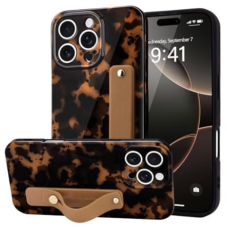 LAOPONUT for iPhone 16 Pro Max Case,Leopard Print Phone Case With Wrist Strap for Women Girls,Wristband Finger Holder Stand Camera Protection Soft TPU Slim Cover for iPhone 16 Pro Max 6.9 Inch Brown