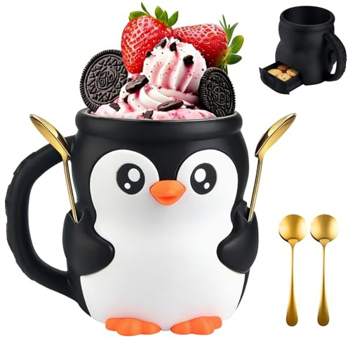 Penguin Ice Cream Pint Holder, Ice Cream Pint Sleeves Cover with 2 Spoon & Handle, Icecream Stand Tub with Secret Drawer, Cute Animal ICES Creams Cooler Container,Gifts for Penguin Lover