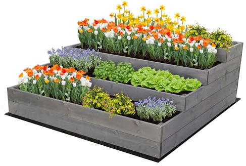 MODO24 Hochbeet Holz, 4-stufiger, Blumenkasten 45x117x120 cm, Grau | Komplettes Anzuchtset inkl. Schrauben, Dekoratives Gemüsebeet, Kräuterbeet & Blumenkasten für Garten und Terrasse