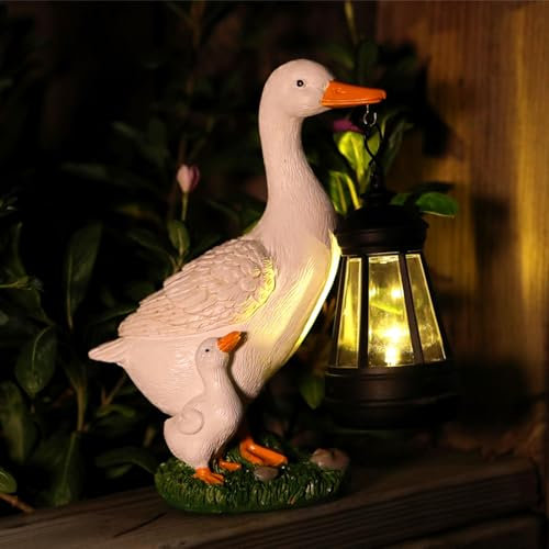 Kaezuy Enten Gartenfiguren für Außen mit Solar Laterne, Lustig Wasserdicht Solarlampe Figur Gartendeko für Draußen Balkon Terrassen, Harz Enten Figur Geschenke für Frauen Männer Mama