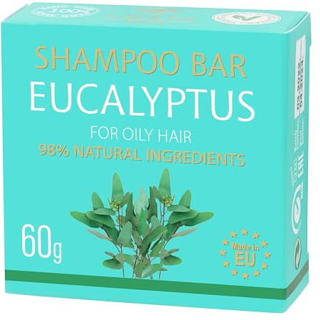 Naturkosmetik Festes Shampoo 60g - ohne Silikone, SLS & Paraben - für fettiges Haar, Vegan Haarpflege mit Vitamin E, Macadamiaöl, Kakaobutter (Eucalyptus)