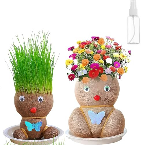 BAGUBDR 2pcs Grass Head, Doll Head Mini Bonsai Grass Head Figure Dolls Flower Pot Head Grass Head Hair Growth Toy For Birthday Holiday Mother's Day Friends Lovers Family Members