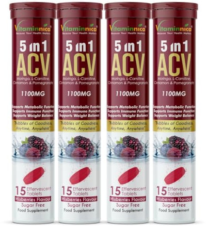 Vitaminnica ACV 5in1 Moringa Effervescent Tablets- 1100mg | Mixberries Flavor | Natural Energy & Immunity Booster with Antioxidants to Control Cravings -15 Tablets (4) Organic Apple Cider Vinegar
