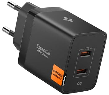 Spigen ArcStation Essential 47W USB C Fast Charger [Compact & 2 Ports] GaN Mini Plug Charger, PD 3.0, PPS Compatible with iPhone 16/16e/15 Samsung S25/S24 Pixel 9a/9 iPad Air Android – Black