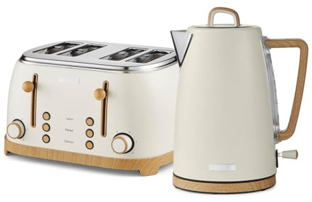 GEEPAS NordiQ 4 Slice Toaster & 1.7L Electric Kettle Combo Set | Matte Finish with Wood Accents | 1500W 6 Browning Levels Defrost Reheat & Cancel | 3000W Rapid Boil Cordless Jug Kettle | Cream