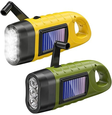 Paquete de 2 antorchas solares con manivela de mano, recargable, súper brillante, linterna LED de emergencia con gancho de mosquetón, dinamo portátil para camping, senderismo, equipo de supervivencia