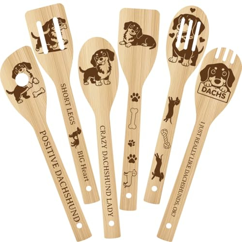 PRESSINART 6Pcs 6 Styles Dog Cooking Utensil Set for Kitchen 2.4 x 11.8 Inch Cute Durable Spatula, Bamboo Wooden Spoons Kitchen for Housewarming Wedding Anniversary Thanksgiving Birthday Gift Use