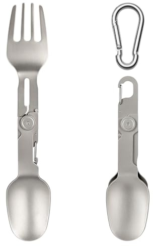 XCRPRT Cubertería plegable 2 en 1 de titanio, cubiertos de titanio para exteriores, con mosquetón, cubiertos para camping, exteriores, para viajes de negocios, pícnic, senderismo, pesca (plata)