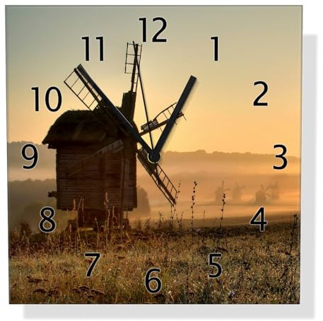 Wallario Design-Wanduhr Morgendämmerung am Mühlenfeld aus Glas, Motiv-Uhr Größe 30 x 30 cm, Schwarze Zeiger