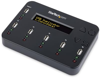 StarTech 1:5 Standalone USB Flash Drive Duplicator Eraser, 1.5GB/min, LCD | Sanitizer, USB 3.0/2.0 thumb drives, System and file, Sector-by-sector, Quick and 3-pass DoD erase, Copy and compare