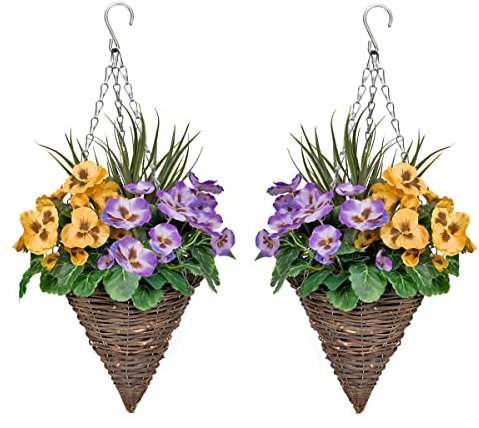 2 x Cone Shaped Hanging Baskets with Purple & Yellow Flowers and Decorative Grasses (Set of 2)