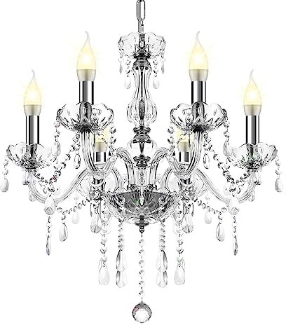 Ridgeyard Moderno salón araña de cristal, araña de techo de 6 luces E14 de Transparente K9 cristal con cadena ajustable para dormitorio, salón, comedor, hotel