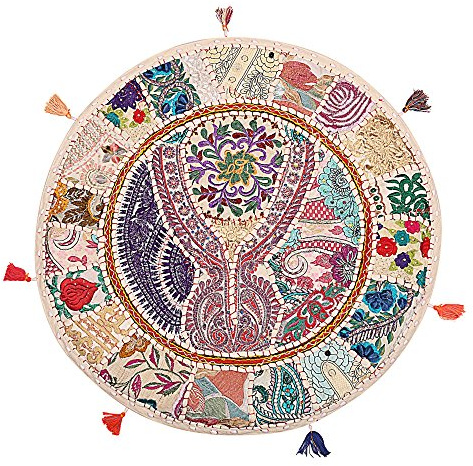 Stylo Culture Indisch Rund Bodenkissenbezug Boho 55x55 cm Dekorativ Bodensitzkissen Vintage Weiß Bohemien Patchwork Sofa Sitzkissen Baumwolle Bestickt Bodenkissen Für Balkon