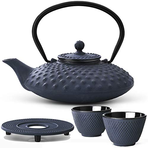 Bredemeijer Teekanne asiatisch Gusseisen Set blau 0.8 Liter mit Edelstahl Tee-Filter Sieb-Einsatz für losen Tee mit Stövchen und Teebecher (2 Tassen)
