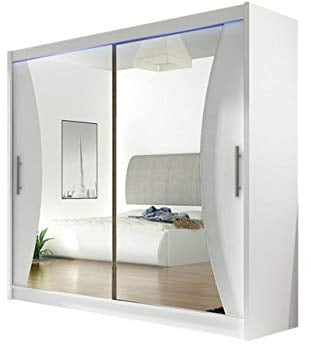 Armadio con ante scorrevoli London V con specchio, armadio, armadio con ante sospese, moderno per camera da letto, 180 x 215 x 58 cm, guardaroba, camera da letto (bianco, con illuminazione LED RGB)