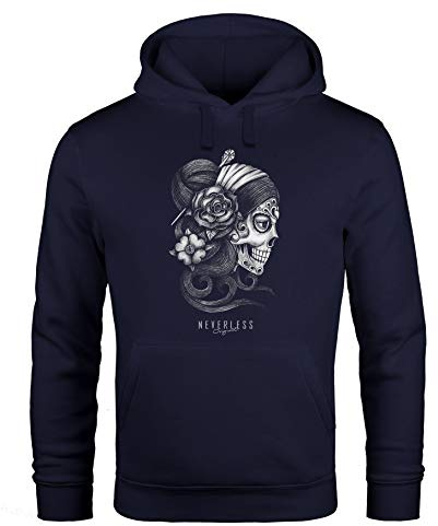 Neverless® Hoodie Herren Santa Muerte La Catrina Mexican Skull Dia de los Muertos Tattoo Design Kapuzen-Pullover Männer Navy 3XL