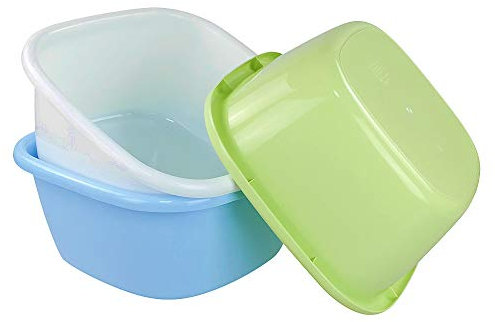Ponpong Plastic Square Light Blue Light Green White Dish Pan Tub Washing up Bowls, 16 Quart, 3 Packs