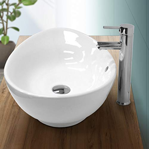 ECD Germany Waschbecken Waschtisch 590x390x200 mm Weiß aus Keramik Oval - Aufsatzbecken Aufsatzwaschbecken Handwaschbecken Aufsatzwaschtisch Spülbecken Becken Wasserfall Waschschale Waschschüssel