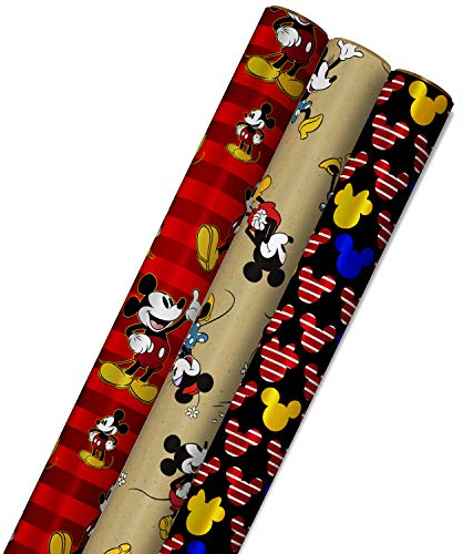 Hallmark Disney Mickey Mouse Wrapping Paper with Cut Lines on Reverse (3-Pack: 60 sq. ft. ttl) for Birthdays, Christmas, Hanukkah, Baby Showers and More