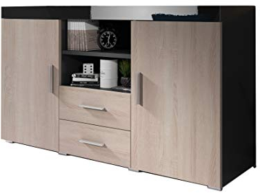 MB Muebles Bonitos, Aparador Roque para Salón Comedor Moderno, Mueble TV de Melamina, Color Negro Brillo y Sonoma Mate, 140x80x40 cm