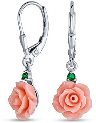 Boucles d'oreilles pendantes à levier en argent sterling .925 avec rose fleurie 3D délicate romantique, accent vert CZ pour femmes et adolescentes.