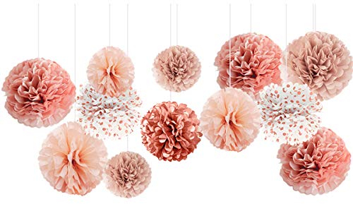 NICROLANDEE Seidenpapier Pompons für Hochzeits Dekorationen, 12 Stück Roségold Pompons Deko für Valentinstag, Babypartys, Geburtstage, Brautpartys, Junggesellinnenabschied