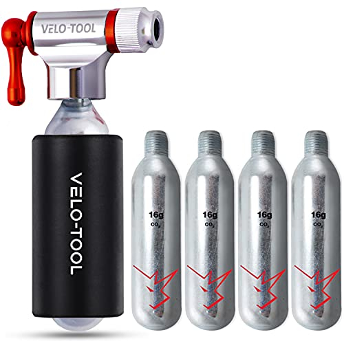 Velo-Tool™ CO2 Inflator Bike Pump – Premium, Quick & Lightweight + 5 x 16g CO2 Canisters/Cartridges With Insulation Foam Grip - Presta & Schrader Valve Compatible – Mountain, Road and BMX Bikes