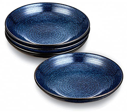 vicrays Lot de 4 bols à pâtes en céramique de 963,9 g, grands saladiers ondulés, larges et peu profonds, résistants aux éclats, passent au lave-vaisselle et au micro-ondes, bols de service (bleu)