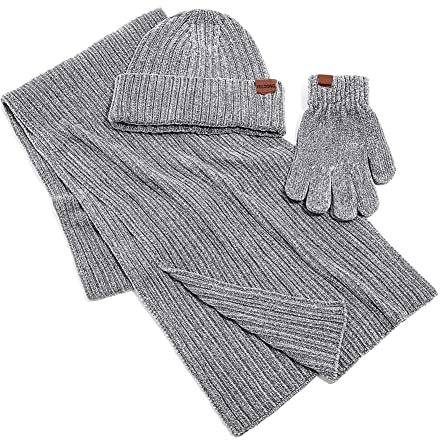 YULOONG Winter Beanie Mütze Schal Touchscreen Fahrhandschuhe 3 in 1 Set für Herren Damen Chenille Rippstrick Grau