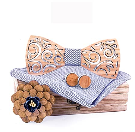 HZQIFEI Noeud Papillon Bois, Ensemble 4 Pièces Noeud Papillon en Bois + Boutons de manchette + Broche + Carré de Poche, Accessoire Mode (Style#19)