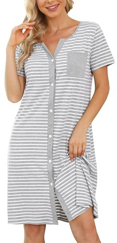 Marvmys Chemises De Nuit Femme Coton Manches Courtes Rayure Robe De Nuit Bouton Ouvert Devant Cardigan Femme Vêtement d'Intérieur Gris M