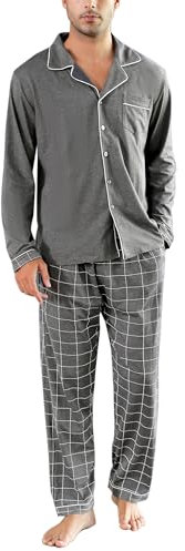 Bresdk Pyjama Homme en Coton Ensemble de Pyjamas Hiver pour Hommes Patte de Boutonnage à Manches Longues Vêtements de Nuit Couleur Unie à Carreaux 2 Pièces, Gris Chiné Foncé, L