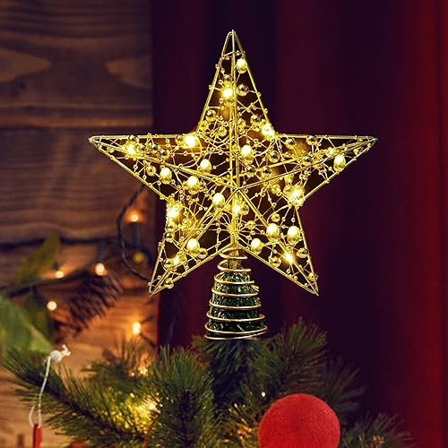 Christbaumspitze, 25 cm Baumspitze Weihnachten, Metall Design glitzerte 20 LED Lichter Christbaumspitze Stern für Festliche Weihnachten zu Hause Weihnachtsbaum Deko (Gold)
