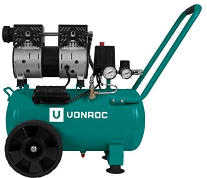 VONROC Compressore d'aria silenzioso 57,5Db | 24 LT - Senza olio - 750W – Color verde