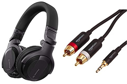 Pioneer DJ HDJ-CUE1, DJ Kopfhörer, Schwarz & Amazon Basics PBH-19822 Cinch-Audiokabel, 3,5-mm-Klinkenstecker auf 2 x Cinch-Stecker, 2,44 m