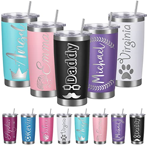 Gobelets personnalisés avec couvercle prénom et paille Tasse à café isotherme personnalisée Cadeaux d'anniversaire de Noël pour hommes en acier inoxydable, 20 oz (logo)