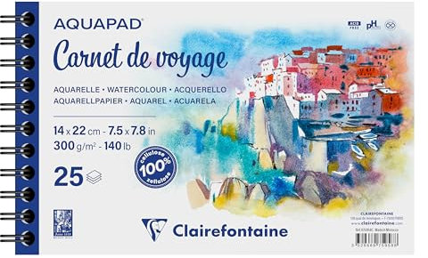 Clairefontaine 975958C - Skizzenbuch Aquapad 14x22cm, spiralgebunden mit 25 Bogen 300g, ideal für unterwegs, 1 Stück