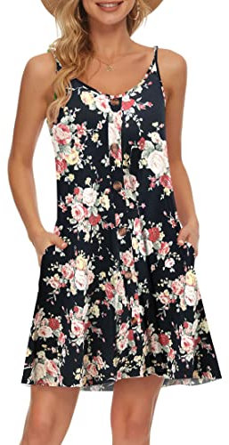 AUSELILY Femmes Robe D'été Bretelles Spaghetti Boutonné Col en V Décontracté Plage Robe De Couverture avec Poches