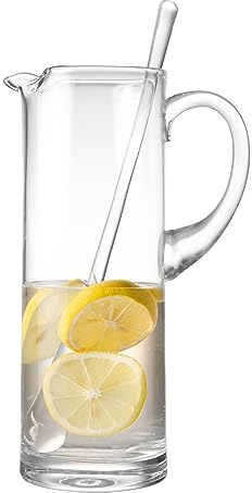 Glass Water Jug Pitcher with Handle Straight Sided, Handmade, With Spout, Ice Lip, with Stirrer - 50 oz. 11'' H, by Barski Made in Europe
