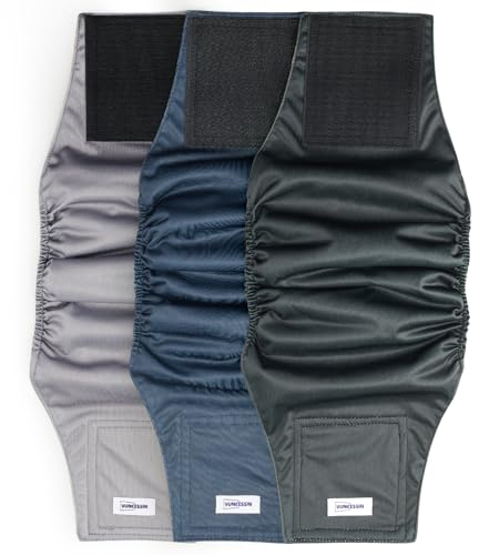 Reusable Washable Male Dog Diapers, Premium Belly Bands for Medium Dogs – 3 Pack. Highly absorbent pee wraps ideal for incontinence, excitable urination and puppy training.
