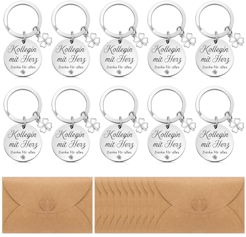 Otuuz 10 Sets Abschiedsgeschenke für Kollegen Inspirierende Worte Schlüsselanhänger mit vierblättrigem Kleeblatt Weiß Danksagung Karten Umschläge Mitarbeiter Geschenke für Jobwechsel Ruhestand