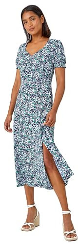 Roman Originals Floral Print Dress for Women UK Ladies Sweetheart Neck Ruched Midi Maxi Long Length Short Sleeve Flattering Casual Summer Spring Party Evening Going Out - Navy White Green - Size 10